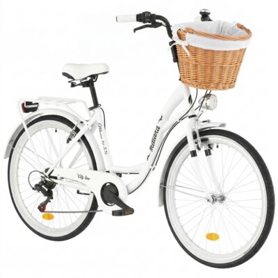 Rower miejski INDIANA Moena S7B 26 cali damski Biały + Koszyk wiklinowy na rower VÖGEL VKS-505 Stylowy + Wkład do koszyka VÖGEL VKSC705W Biały
