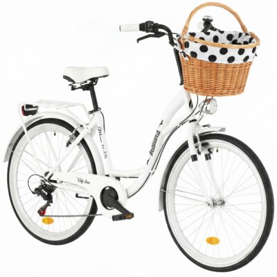 Rower miejski INDIANA Moena S7B 26 cali damski Biały + Koszyk wiklinowy na rower VÖGEL VKS-505 Stylowy + Wkład do koszyka VÖGEL VKSC705WK Biało-czarny
