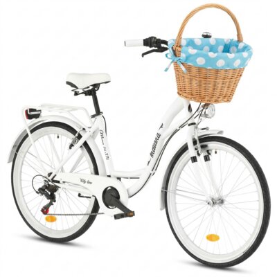Rower miejski INDIANA Moena S7B 26 cali damski Biały + Koszyk wiklinowy na rower VÖGEL VKS-505 Stylowy + Wkład do koszyka VÖGEL VKSC705MTV Błękitno-biały