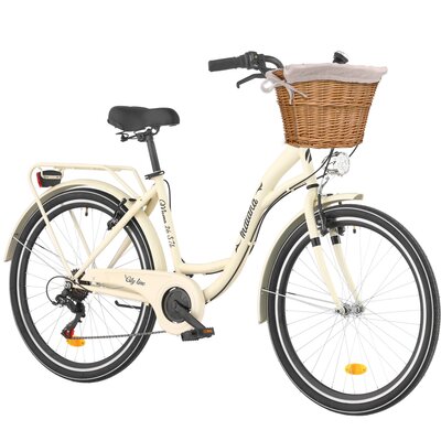 Rower miejski INDIANA Moena S7B 26 cali damski Capuccino + Koszyk wiklinowy na rower VÖGEL VKS-502 Stylowy + Wkład do koszyka VÖGEL VKSC705CP Cappuccino