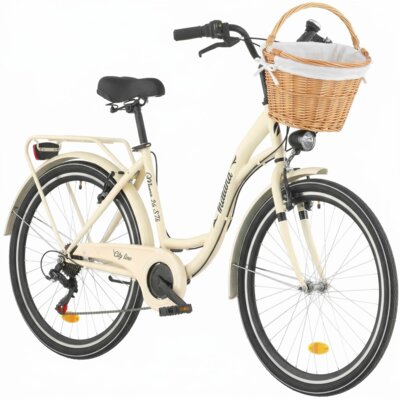 Rower miejski INDIANA Moena S7B 26 cali damski Capuccino + Koszyk wiklinowy na rower VÖGEL VKS-505 Stylowy + Wkład do koszyka VÖGEL VKSC705W Biały