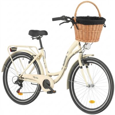 Rower miejski INDIANA Moena S7B 26 cali damski Capuccino + Koszyk wiklinowy na rower VÖGEL VKS-505 Stylowy + Wkład do koszyka VÖGEL VKSC705K Czarny