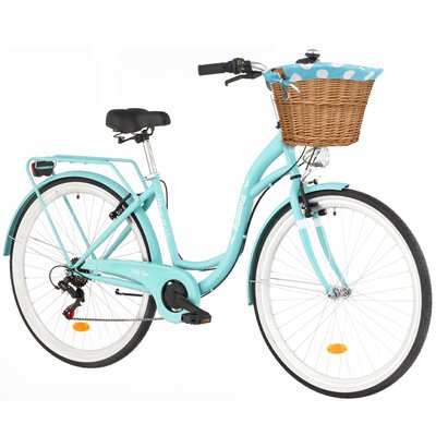 Rower miejski INDIANA Moena S7B 28 cali damski Lazurowy + Koszyk wiklinowy na rower VÖGEL VKS-502 Stylowy + Wkład do koszyka VÖGEL VKSC705MTV Błękitno-biały