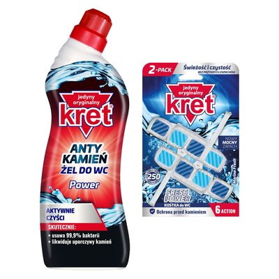 Żel do czyszczenia toalety KRET Antykamień Power 750 ml + Kostka do WC KRET Fresh Power Marine Fresh 2x40g