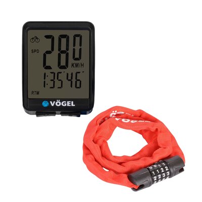 Licznik rowerowy VÖGEL VL2B Podświetlany + Zapięcie rowerowe VÖGEL VZP-42432R Łańcuch Czerwony
