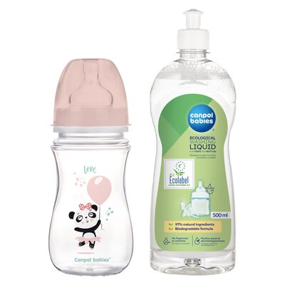 Butelka CANPOL BABIES EasyStart Exotic 240 ml Różowy + Płyn CANPOL BABIES do mycia smoczków i butelek 500 ml