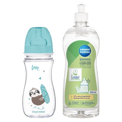Butelka CANPOL BABIES EasyStart Exotic Animals 35/222 300 ml Niebieski + Płyn CANPOL BABIES do mycia smoczków i butelek 500 ml