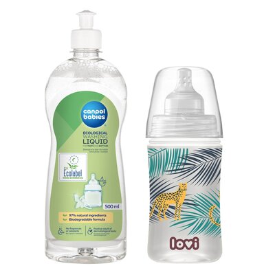 Butelka LOVI Trends 250 ml Jungle Vibes + Płyn CANPOL BABIES do mycia smoczków i butelek 500 ml