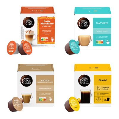 Kapsułki NESCAFE Dolce Gusto Latte Macchiato Caramel + Kapsułki NESCAFE Dolce Gusto Flat White + Kapsułki NESCAFE Dolce Gusto Cortado + Kapsułki NESCAFE Dolce Gusto Grande
