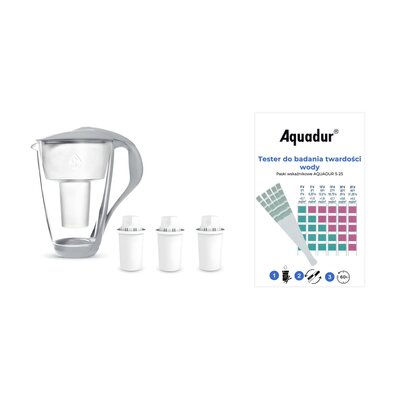 Dzbanek filtrujący DAFI Crystal LED Stalowy + 3 wkłady Classic + Paskowy tester twardości wody AQUADUR 5-25 (5 szt.)
