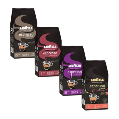 Kawa ziarnista LAVAZZA Espresso Classico 1 kg + Kawa ziarnista LAVAZZA Espresso Italiano Aromatico Arabica 1 kg + Kawa ziarnista LAVAZZA Espresso Italiano Cremoso 1 kg + Kawa ziarnista LAVAZZA Caffe Espresso Barista Gran Crema 1 kg