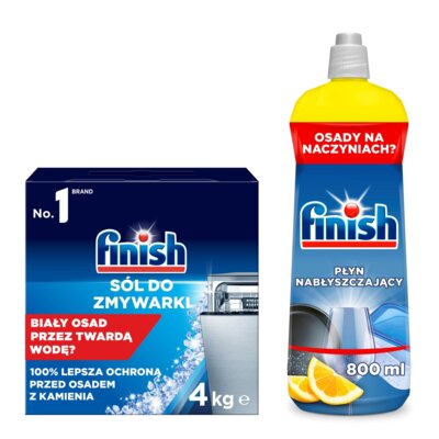 Sól do zmywarek FINISH 4 kg + Nabłyszczacz do zmywarek FINISH Shine Protect Cytrynowy 800 ml