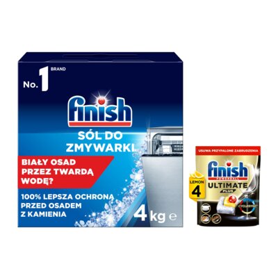 Sól do zmywarek FINISH 4 kg + Kapsułki do zmywarek FINISH Powerball Ultimate Plus All In 1 Lemon - 4 szt.