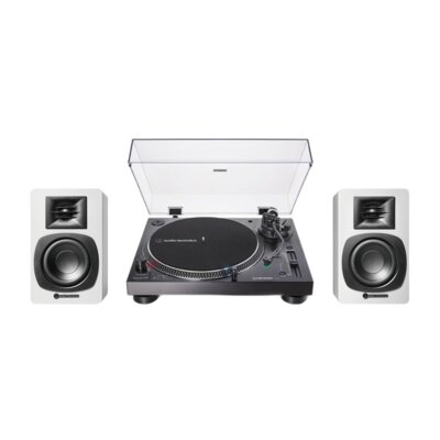 Zestaw Stereo Gramofon Audio-Technica A-T LP120X + Aktywne Kolumny Podstawkowe Audii-Technica A-T SP3 X CZ+BIAŁY