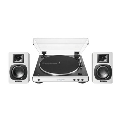 Zestaw Stereo Gramofon Audio-Technica A-T LP60X BT + Aktywne Kolumny Podstawkowe Audii-Technica A-T SP3 X BIAŁY+BIAŁY