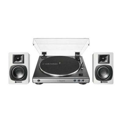 Zestaw Stereo Gramofon Audio-Technica A-T LP60X USB + Aktywne Kolumny Podstawkowe Audii-Technica A-T SP3 X SR+BIAŁY